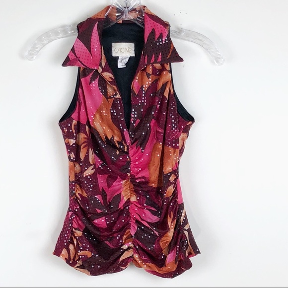 Cache Tops - Vintage Cache Sequin Sleeveless Floral Print Top S